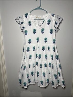 White Tiered Mini Dress with Teal and Navy Floral Motif